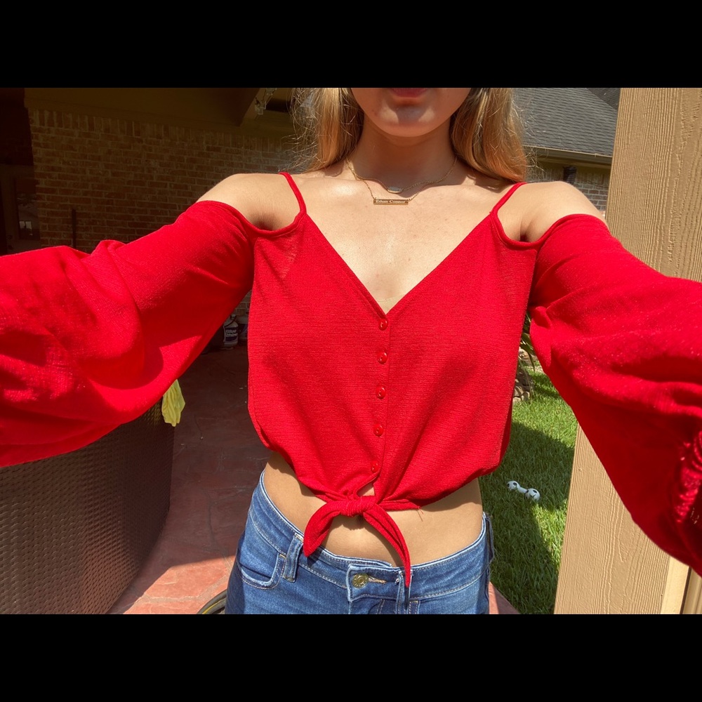 Red Long Sleeve Peek-A-Boo Shoulder Crop Top